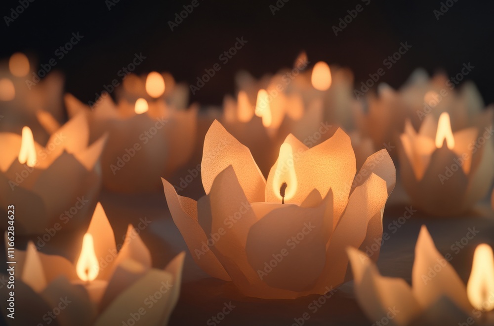 Poster serene glowing lotus candles in a dark background, creating a peaceful and tranquil atmosphere with 
