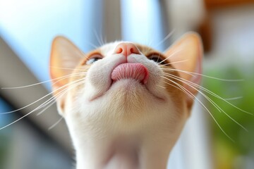 Curious cat licking its nose while gazing upwards in a sunlit indoor space filled with greenery
