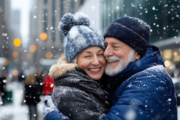 Obraz premium Couple enjoying winter magic in the city, wrapped in love amidst falling snowflakes and bustling streets