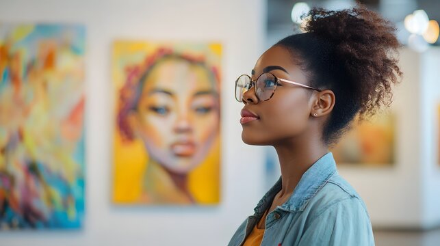 Young Woman Appreciates Abstract Art Gallery Paintings