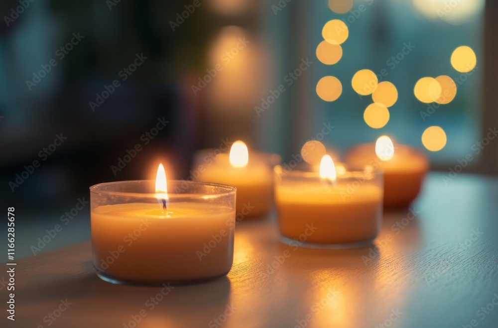 Poster serenity and warmth: close-up of flickering candles creating a cozy atmosphere with soft lights and 