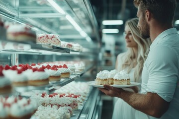 Delightful moment as a couple enjoys selecting desserts at a charming bakery during a lively afternoon visit together