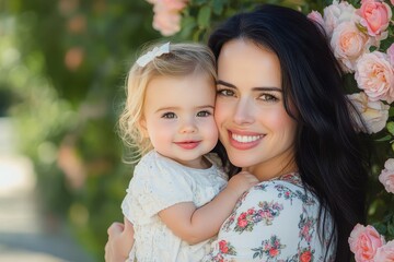 Fototapeta premium Mother and daughter share a joyful moment among blooming roses in a sunny garden