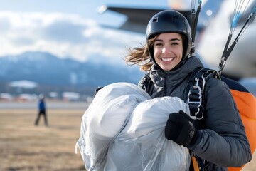 Excitement fills the air as a smiling skydiver prepares for an exhilarating jump at the mountain airstrip under a clear blue sky