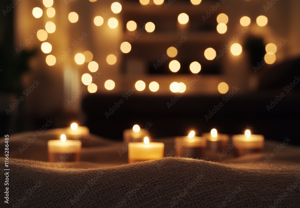 Poster softly glowing candles on a table with a cozy background of blurred lights and warm ambience for rel