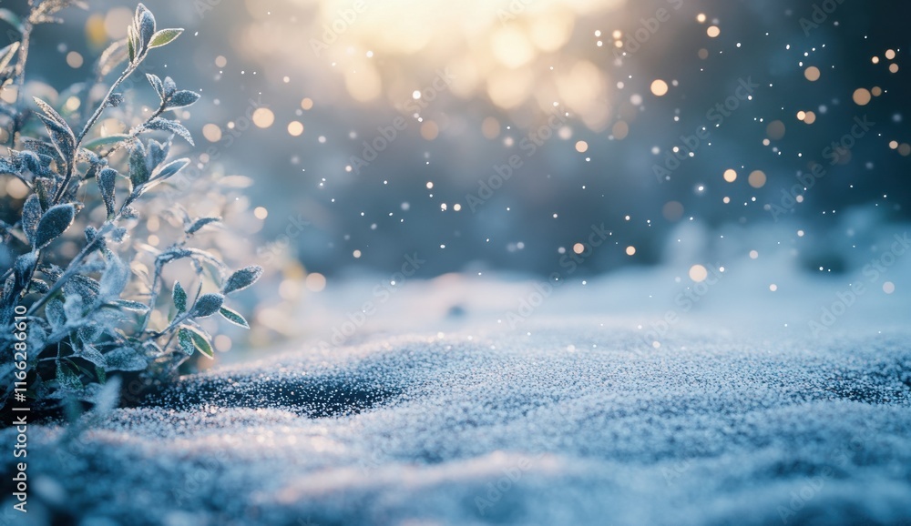Poster sparkling snowfall on frosty landscape with delicate greenery and soft bokeh effect in winter wonder