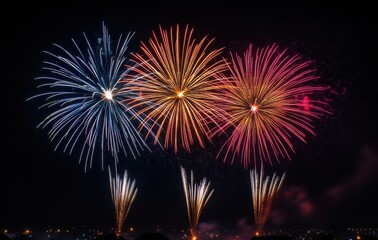 Stunning Display of Colorful Fireworks Lighting Up the Night Sky Over a Cityscape, Capturing Moments of Celebration with Vibrant Explosions and Brilliant Patterns