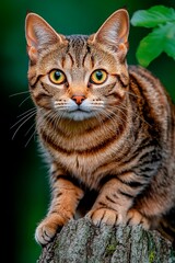 Fototapeta premium Striking close-up of a curious cat gazing directly into the camera while perched on a tree stump in a lush green background