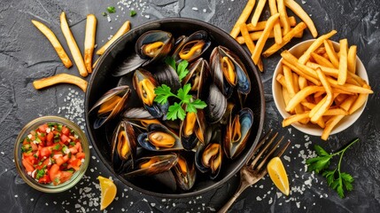 Mussels closeup, mussels portion, mussels and French fries, mussels top view