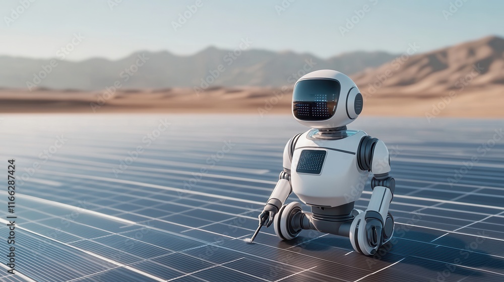 Poster robot on solar panel field in desert landscape with mountains in background creating futuristic scen