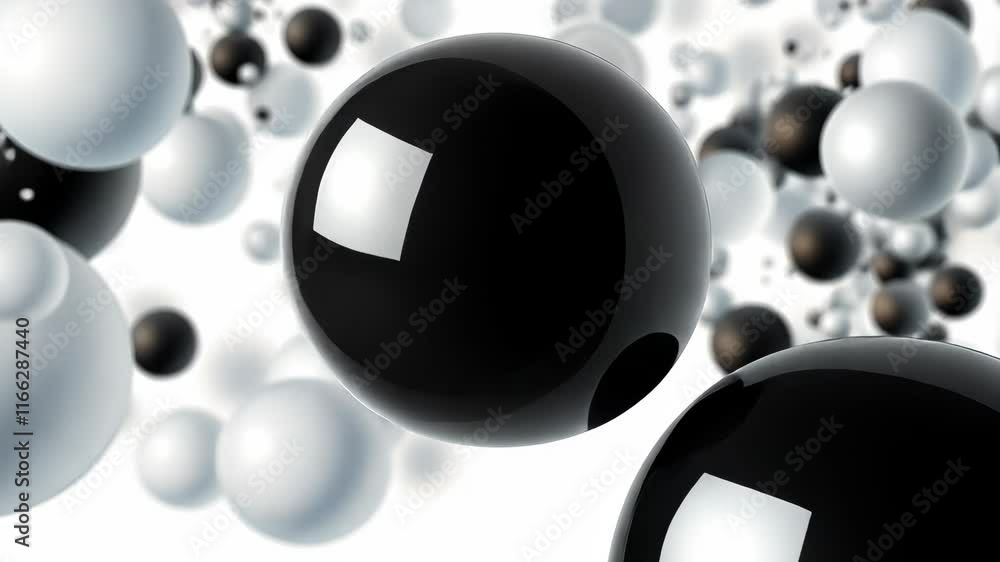 Poster floating black and white spheres create a dynamic abstract composition with contrasting shapes and f