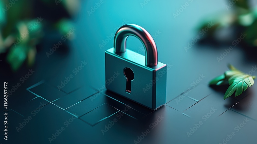 Poster futuristic padlock on a glossy surface surrounded by soft greenery in an abstract digital environmen