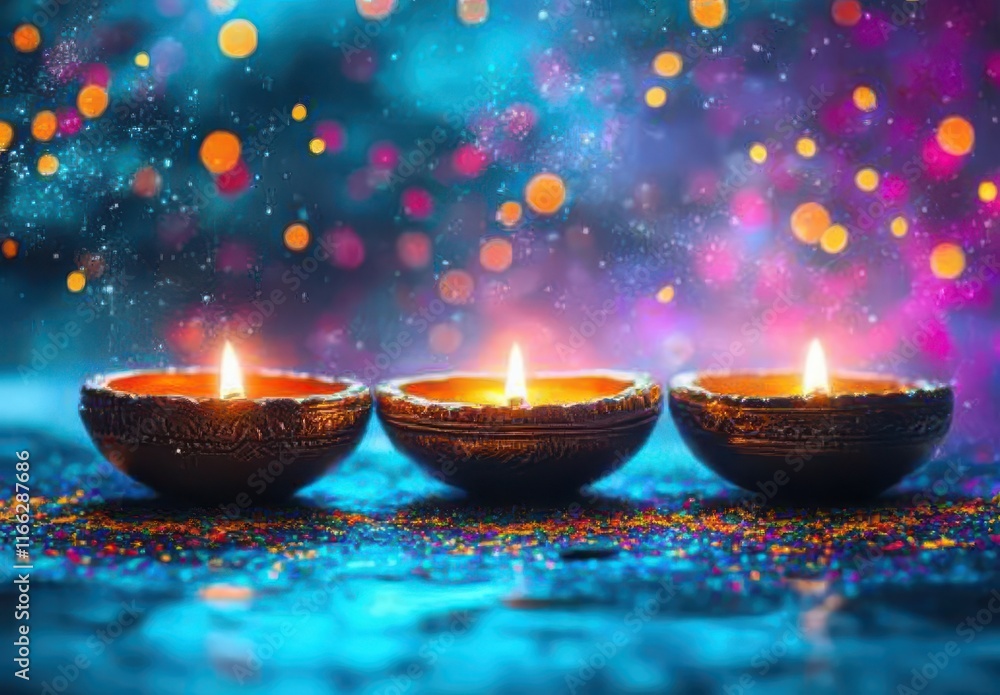 Poster three glowing diyas in a vibrant celebration with colorful bokeh background creating a warm and ench