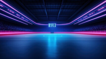 Vibrant Neon Ice Hockey Arena with Dynamic Lighting and Empty Rink Ready for Competition
