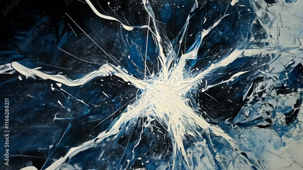 Aufkleber abstract artwork depicting dynamic patterns created by splintered glass against a deep blue backgrou