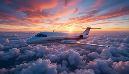 A front view of a modern airplane flying high in the sky, soaring above the clouds. The airplane is sleek, with a shiny metal exterior, showing its wings and engines. The sky around the plane is vast 