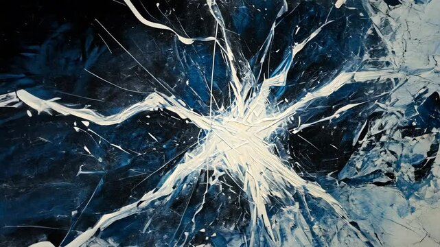 Abstract artwork depicting dynamic patterns created by splintered glass against a deep blue background