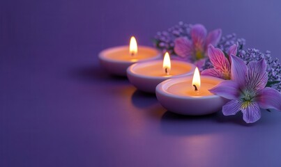 Tranquil Arrangement of Flickering Candles and Delicate Flowers on a Soft Purple Background for Relaxation and Peaceful Ambiance