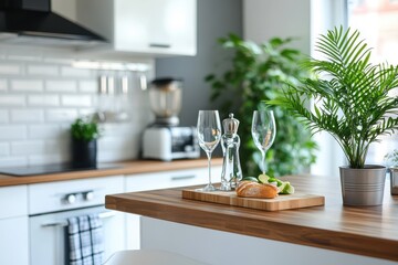 Modern kitchen setting with fresh ingredients and elegant glassware for an inviting dining experience