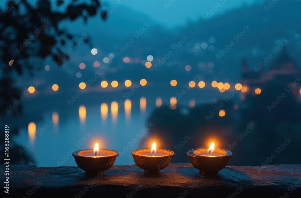 Poster tranquil evening scene with floating diyas on a river, soft glowing lights and serene landscape emph