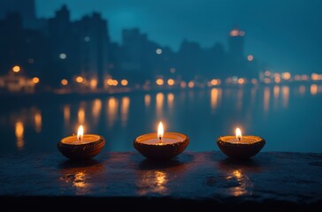 Tranquil Evening Scene with Glowing Diyas by Riverbank Amid Urban Skyline and Soft Blue Twilight, Perfect for Festive or Serene Atmospheres