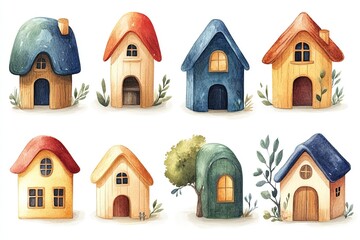 A collection of whimsical, colorful cartoon-style houses with varied designs.