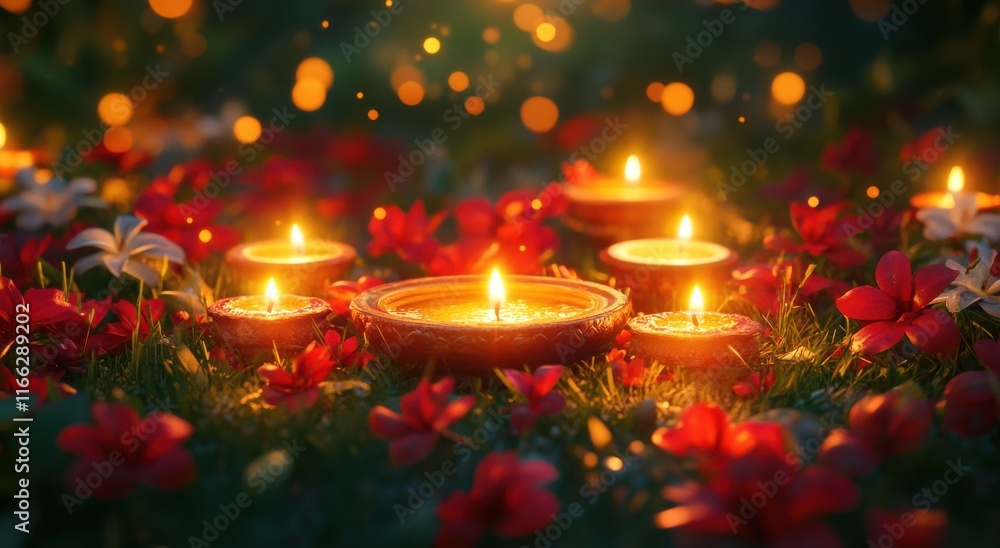 Poster tranquil scene of glowing diyas surrounded by vibrant flowers in a serene nature setting with bokeh 