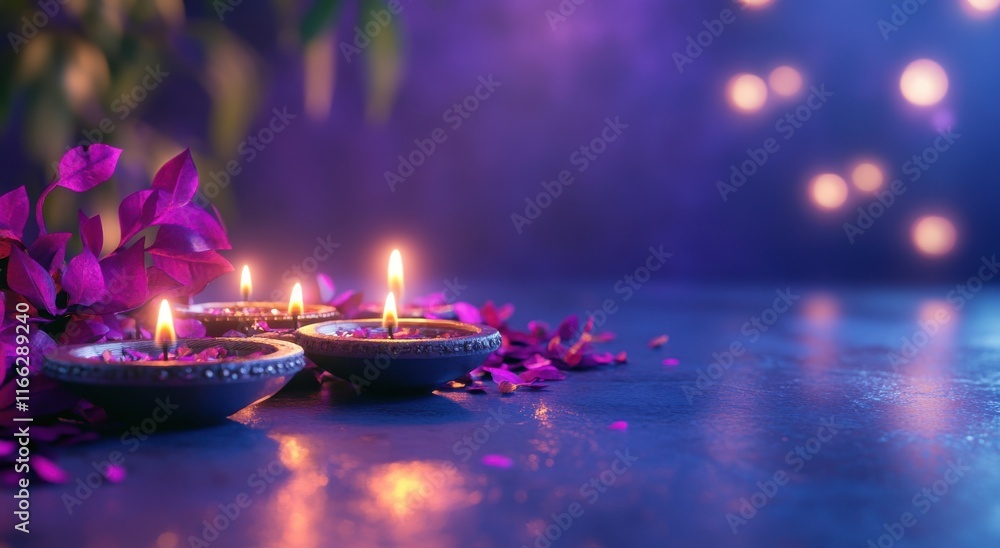 Poster tranquil scene of lit candles surrounded by colorful petals and soft bokeh background for a serene a