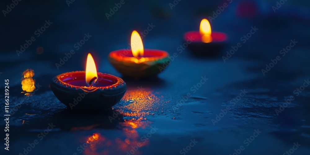 Poster tranquil scene of three floating oil lamps illuminating a serene surface at night, creating a calmin