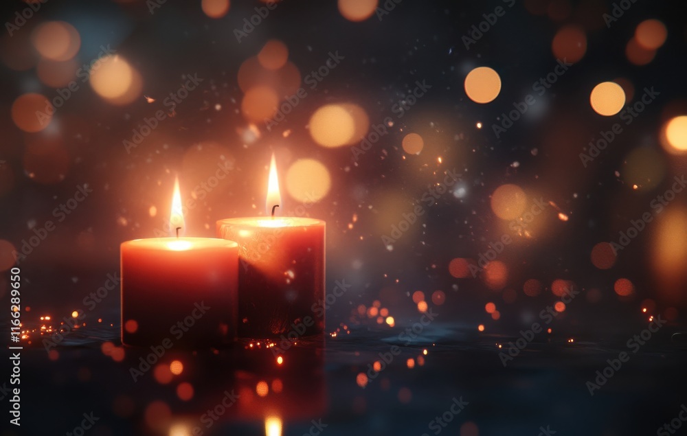 Poster two warm candles illuminating a dark background with soft light and bokeh effect, creating a cozy an