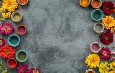 Vibrant and Colorful Arrangement of Flower Petals and Small Bowls Depicting Holi Festival Celebrations, Perfect for Cultural and Festival Conceptual Imagery