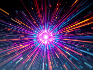 Vivid radial light beams in multicolor hues, representing energy, speed, and futuristic designs with dynamic movement. Generative AI