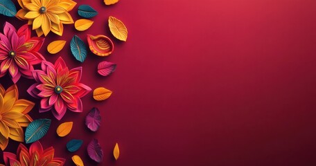Vibrant and Colorful Floral Background with Paper Cut Flowers and Leaves on a Red Gradient Surface for Creative Design Projects and Artistic Applications