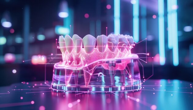 Digital dental model, futuristic technology for dentistry.  High-quality 3D rendering of teeth, perfect for medical or tech concepts.