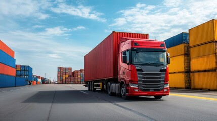 Red Truck Transporting Cargo in Container Yard Under Clear Sky with Colorful Shipping Containers
