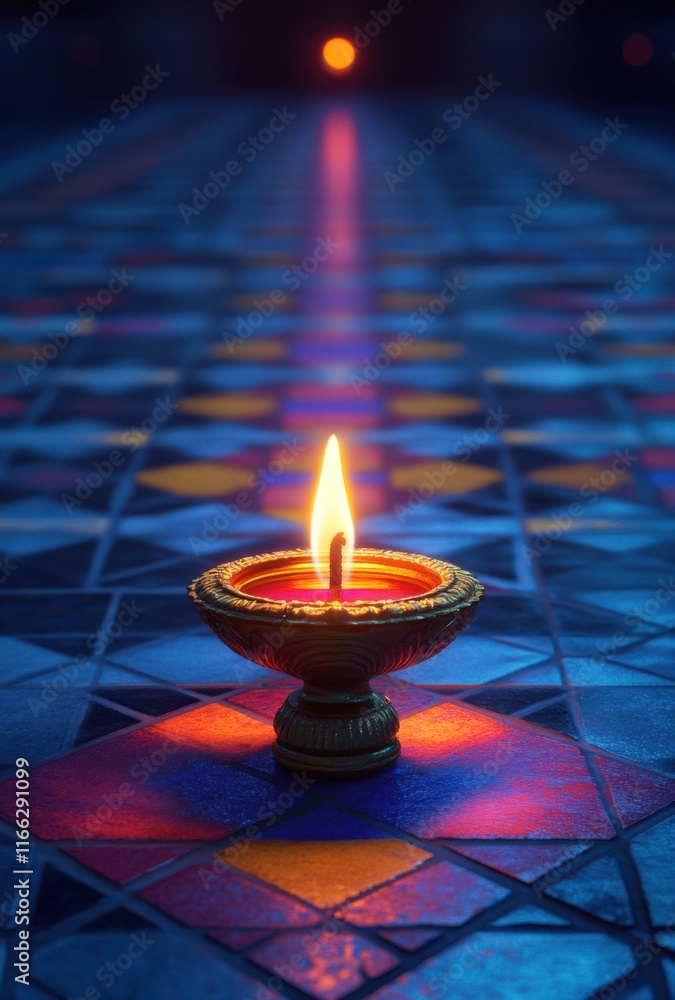 Poster vibrant candle flame illuminates colorful mosaic floor with intricate patterns creating a serene and