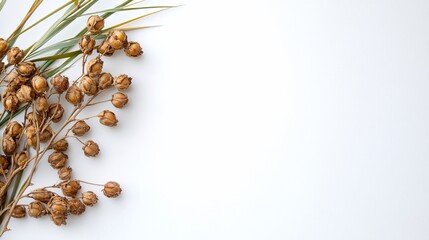 Dried plant stems and seeds on a white background.