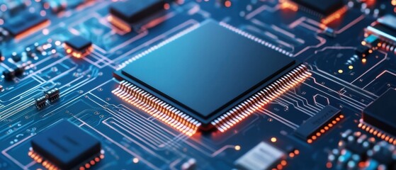 Fototapeta premium Close-up View of Modern Computer Circuit Board with Microchip and Electrical Components for Technology Background