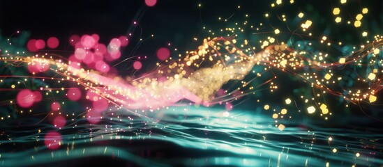 Abstract colorful light trails and bokeh on dark background.