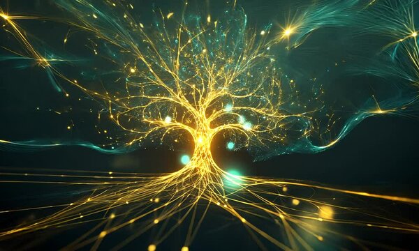 A glowing tree with intricate branches and roots, symbolizing life and energy.