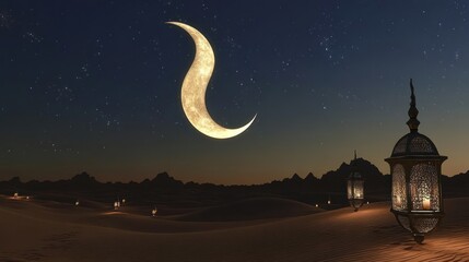A serene desert landscape at night with a large crescent moon and ornate lanterns.