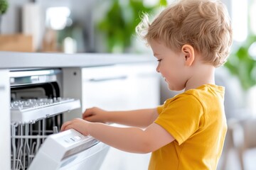Young child happily loading a dishwasher in a bright, modern kitchen filled with plants and natural light