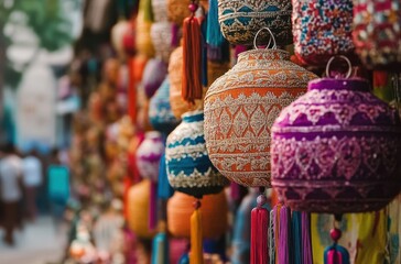 Fototapeta premium Vibrant Colorful Lanterns Hang in a Market, Showcasing Intricate Designs and Textures, Creating a Festive Atmosphere Full of Culture and Tradition