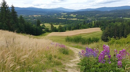 Obraz premium Scenic mountain valley landscape with wildflowers, dirt road, and wheat fields.