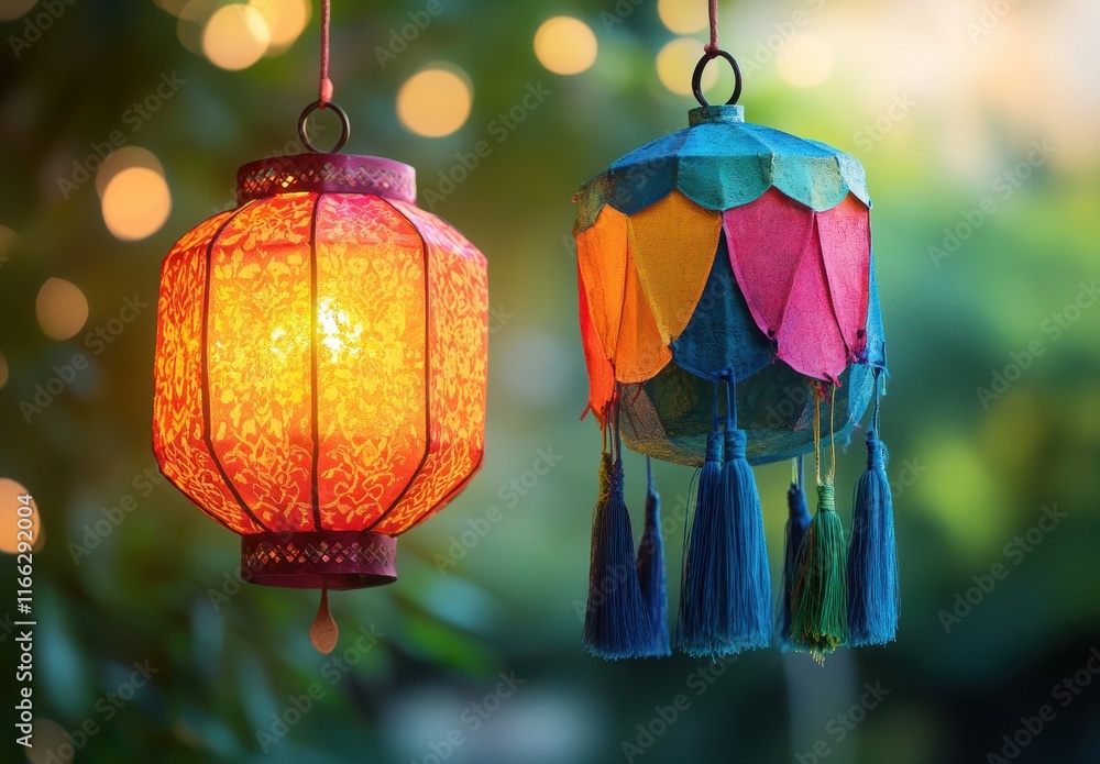 Poster vibrant decorative lanterns illuminating festive atmosphere with colorful patterns and soft glowing 