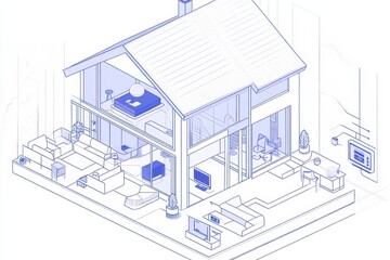 Isometric illustration of a modern house interior and exterior layout.