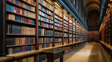 Obraz premium Books neatly arranged in a library, wooden shelves, soft lighting, calm and quiet environment, perfect for study and research