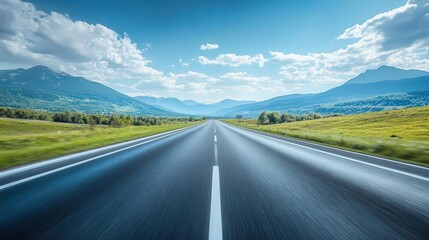 Fototapeta premium Car driving on highway, motion blur, mountains in the distance, clear skies, long road trip ahead, exciting travel vibes