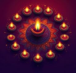 Vibrant Diwali Celebration with Illuminated Diyas and Colorful Mandala Design Creating a Warm and Festive Atmosphere for Cultural and Spiritual Occasions