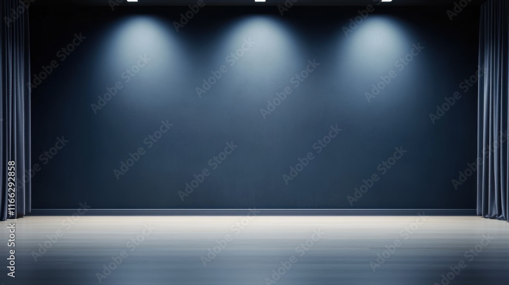 Poster dark empty stage with modern lighting and curtains ready for performance or presentation setup